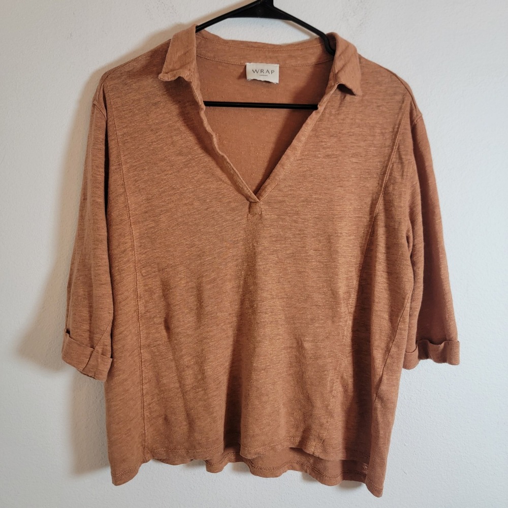 Wrap London Womens US 6 Linen Deep V-Neck 3/4 Sleeve Collared Tunic Top Copper